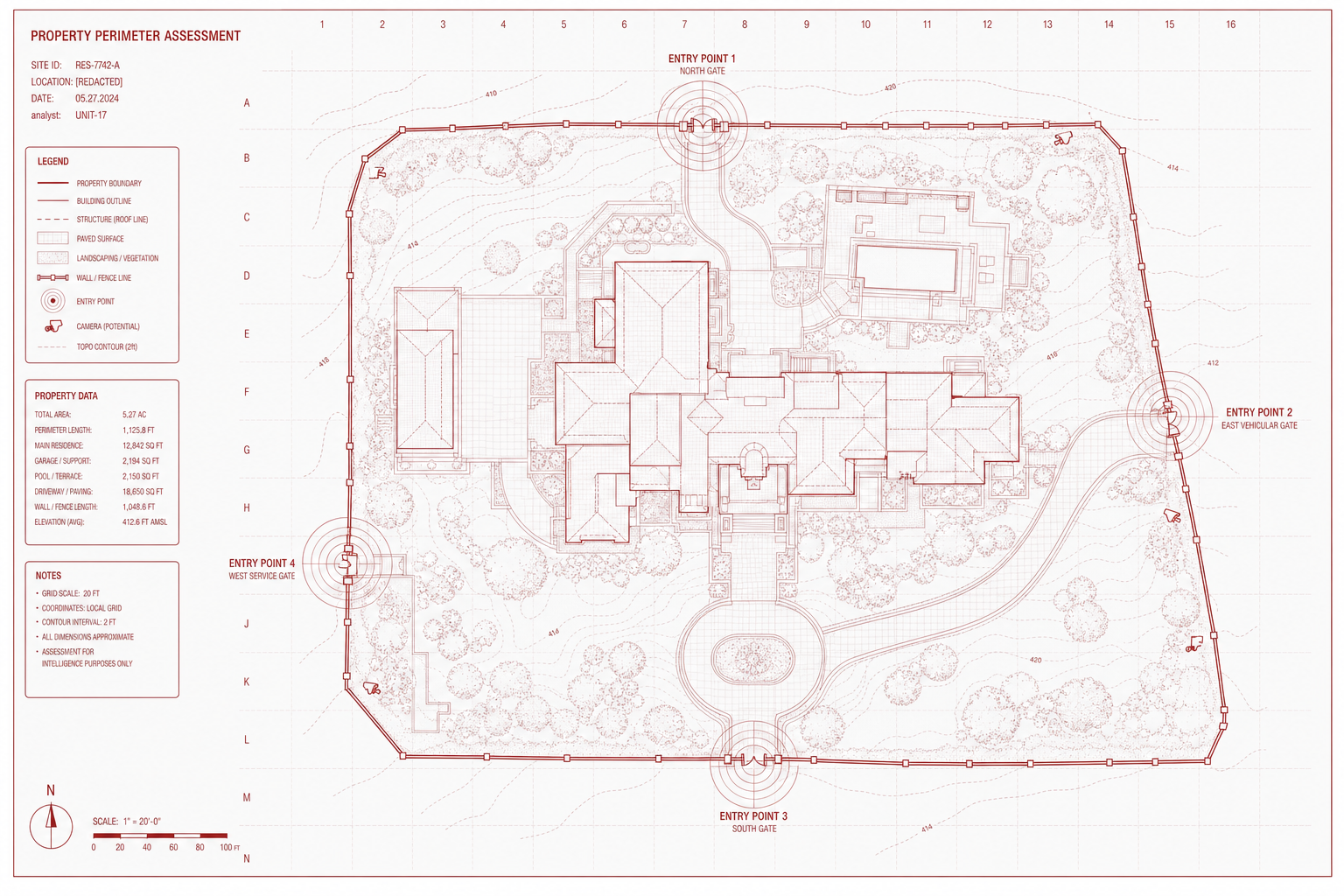 A wireframe blueprint of a secured property perimeter